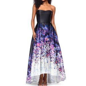 Betsy & Adam Black Ombre Floral Strapless High Low Ball Gown